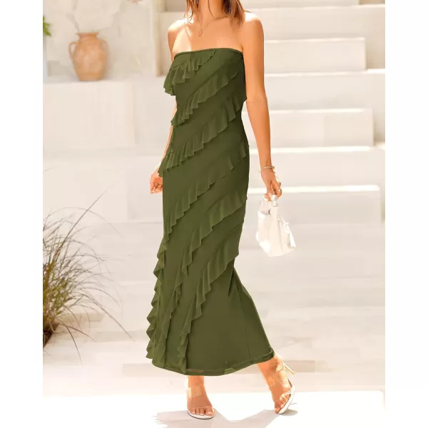 imageBTFBM Women Summer Elegant Strapless Midi Ruched Bodycon Dress Solid Color Stretch Mesh Slim Party Cocktail DressesSolid Army Green