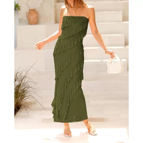 imageBTFBM Women Summer Elegant Strapless Midi Ruched Bodycon Dress Solid Color Stretch Mesh Slim Party Cocktail DressesSolid Army Green