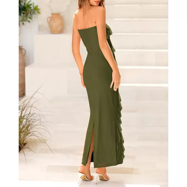 imageBTFBM Women Summer Elegant Strapless Midi Ruched Bodycon Dress Solid Color Stretch Mesh Slim Party Cocktail DressesSolid Army Green