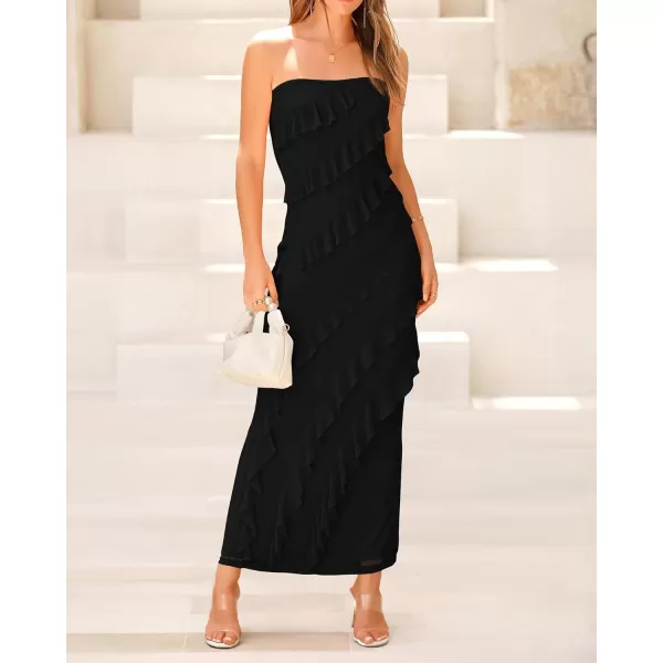 imageBTFBM Women Summer Elegant Strapless Midi Ruched Bodycon Dress Solid Color Stretch Mesh Slim Party Cocktail DressesSolid Black