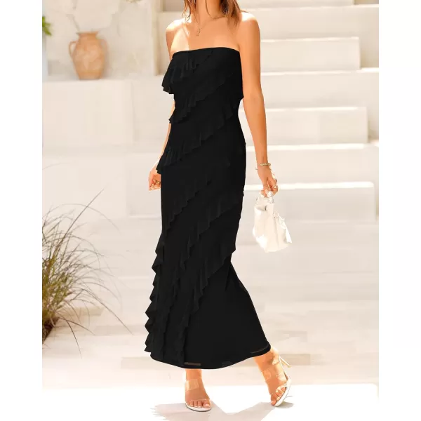 imageBTFBM Women Summer Elegant Strapless Midi Ruched Bodycon Dress Solid Color Stretch Mesh Slim Party Cocktail DressesSolid Black