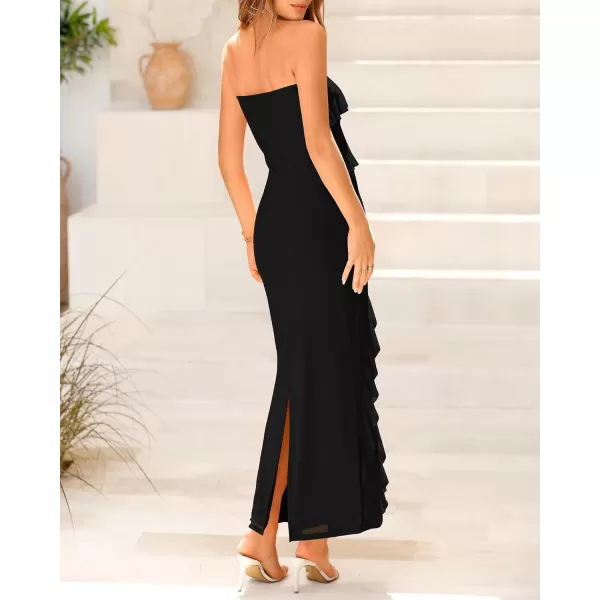 imageBTFBM Women Summer Elegant Strapless Midi Ruched Bodycon Dress Solid Color Stretch Mesh Slim Party Cocktail DressesSolid Black