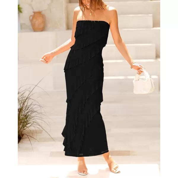 imageBTFBM Women Summer Elegant Strapless Midi Ruched Bodycon Dress Solid Color Stretch Mesh Slim Party Cocktail DressesSolid Black