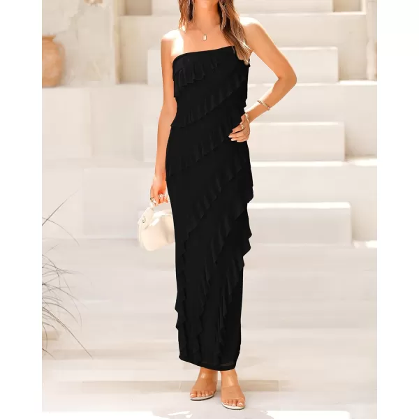 imageBTFBM Women Summer Elegant Strapless Midi Ruched Bodycon Dress Solid Color Stretch Mesh Slim Party Cocktail DressesSolid Black