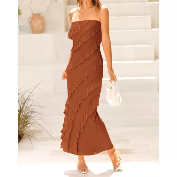 imageBTFBM Women Summer Elegant Strapless Midi Ruched Bodycon Dress Solid Color Stretch Mesh Slim Party Cocktail DressesSolid Caramel