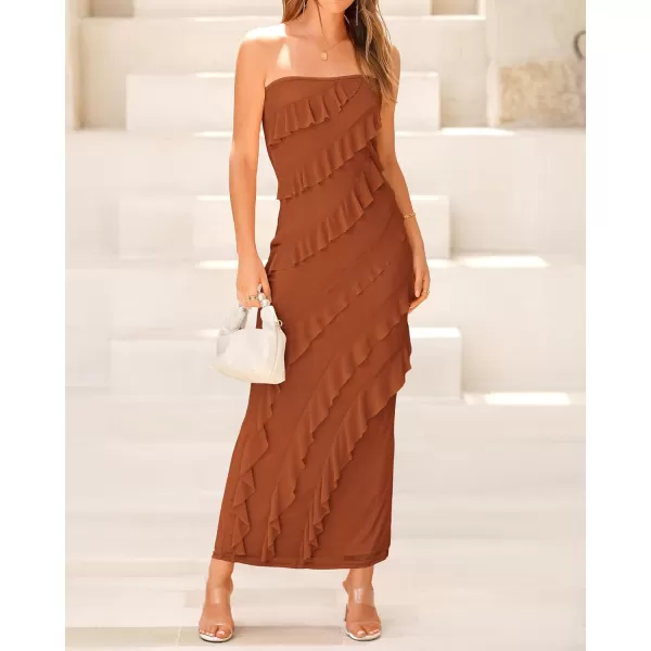imageBTFBM Women Summer Elegant Strapless Midi Ruched Bodycon Dress Solid Color Stretch Mesh Slim Party Cocktail DressesSolid Caramel