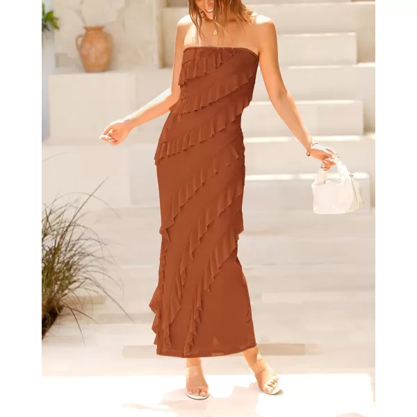 imageBTFBM Women Summer Elegant Strapless Midi Ruched Bodycon Dress Solid Color Stretch Mesh Slim Party Cocktail DressesSolid Caramel