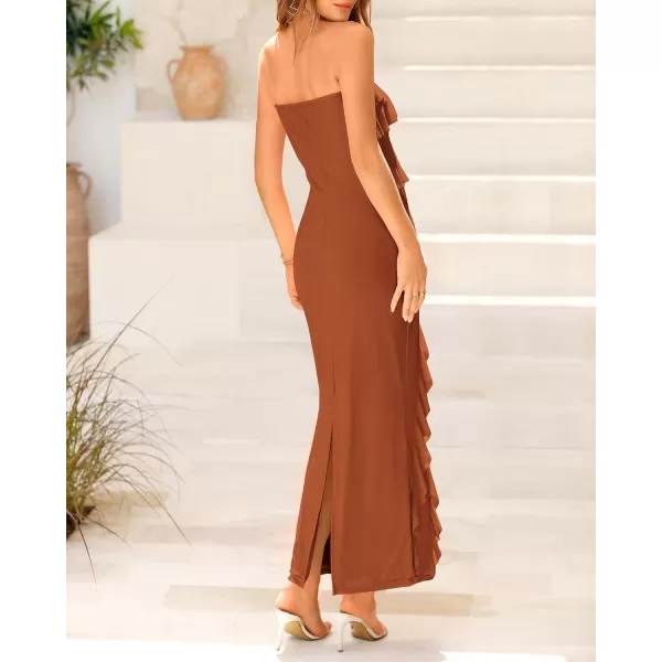 imageBTFBM Women Summer Elegant Strapless Midi Ruched Bodycon Dress Solid Color Stretch Mesh Slim Party Cocktail DressesSolid Caramel