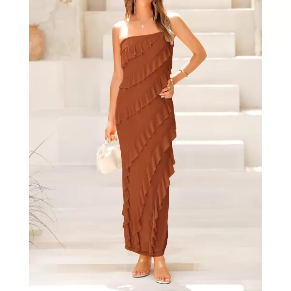 imageBTFBM Women Summer Elegant Strapless Midi Ruched Bodycon Dress Solid Color Stretch Mesh Slim Party Cocktail DressesSolid Caramel
