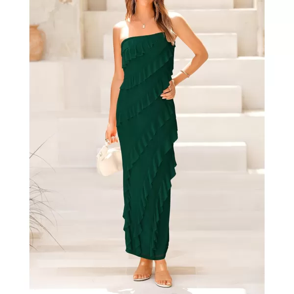 imageBTFBM Women Summer Elegant Strapless Midi Ruched Bodycon Dress Solid Color Stretch Mesh Slim Party Cocktail DressesSolid Dark Green
