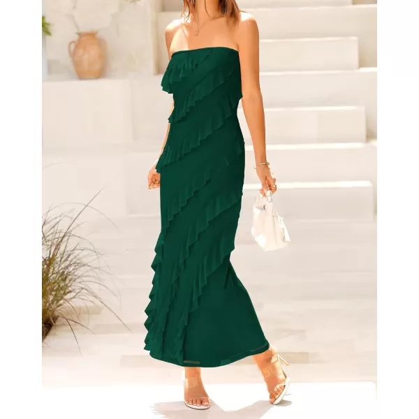 imageBTFBM Women Summer Elegant Strapless Midi Ruched Bodycon Dress Solid Color Stretch Mesh Slim Party Cocktail DressesSolid Dark Green