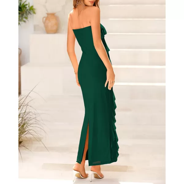 imageBTFBM Women Summer Elegant Strapless Midi Ruched Bodycon Dress Solid Color Stretch Mesh Slim Party Cocktail DressesSolid Dark Green