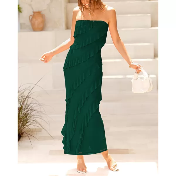 imageBTFBM Women Summer Elegant Strapless Midi Ruched Bodycon Dress Solid Color Stretch Mesh Slim Party Cocktail DressesSolid Dark Green