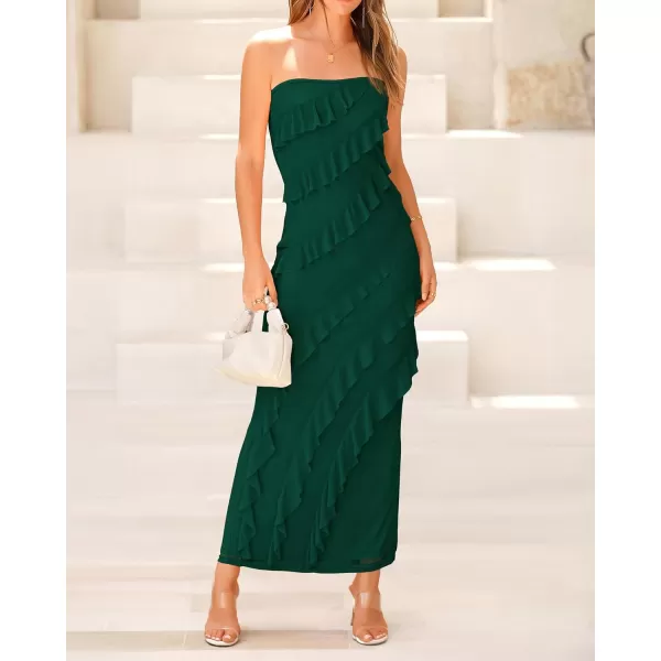 imageBTFBM Women Summer Elegant Strapless Midi Ruched Bodycon Dress Solid Color Stretch Mesh Slim Party Cocktail DressesSolid Dark Green