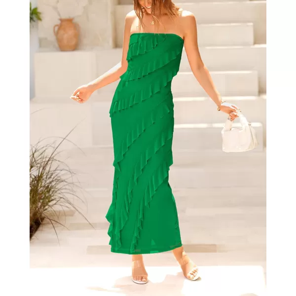 imageBTFBM Women Summer Elegant Strapless Midi Ruched Bodycon Dress Solid Color Stretch Mesh Slim Party Cocktail DressesSolid Green
