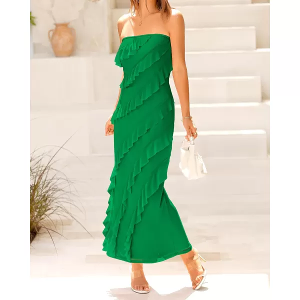 imageBTFBM Women Summer Elegant Strapless Midi Ruched Bodycon Dress Solid Color Stretch Mesh Slim Party Cocktail DressesSolid Green