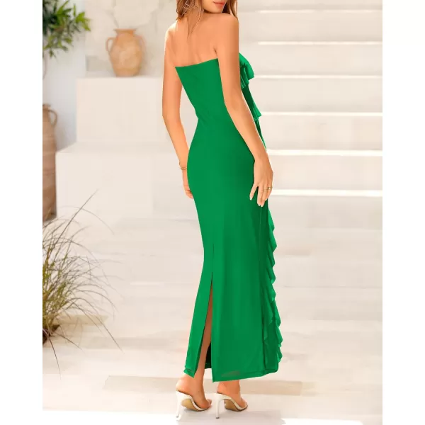 imageBTFBM Women Summer Elegant Strapless Midi Ruched Bodycon Dress Solid Color Stretch Mesh Slim Party Cocktail DressesSolid Green