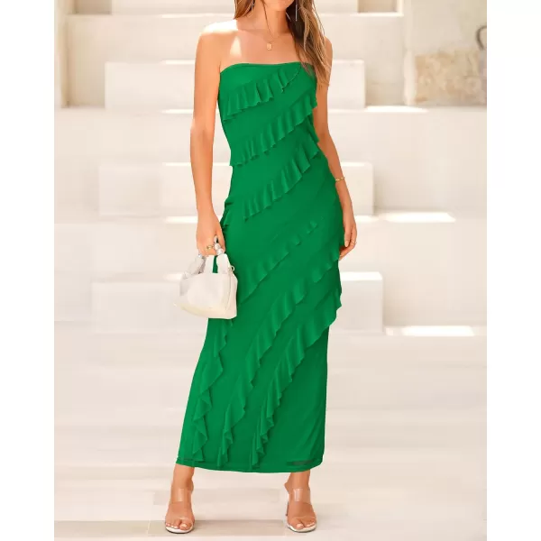 imageBTFBM Women Summer Elegant Strapless Midi Ruched Bodycon Dress Solid Color Stretch Mesh Slim Party Cocktail DressesSolid Green
