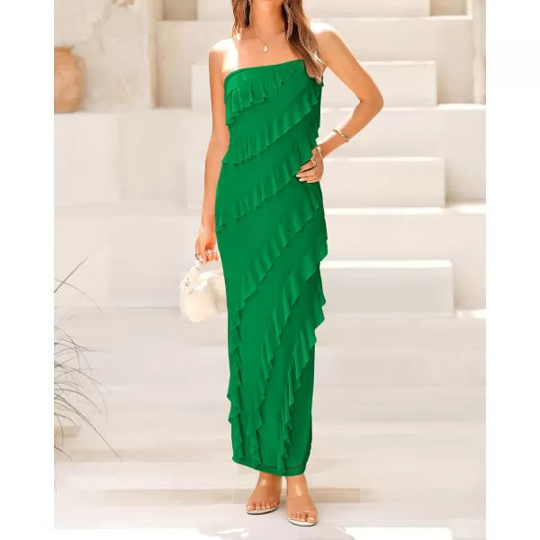 imageBTFBM Women Summer Elegant Strapless Midi Ruched Bodycon Dress Solid Color Stretch Mesh Slim Party Cocktail DressesSolid Green