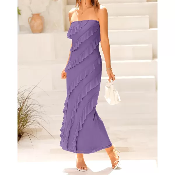 imageBTFBM Women Summer Elegant Strapless Midi Ruched Bodycon Dress Solid Color Stretch Mesh Slim Party Cocktail DressesSolid Grey Purple