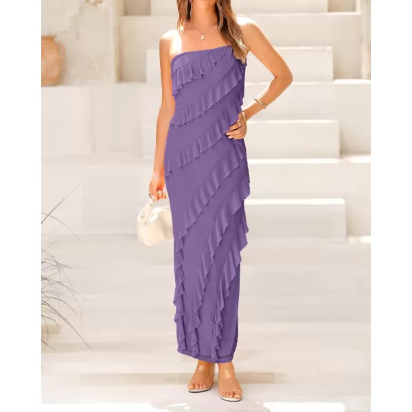 imageBTFBM Women Summer Elegant Strapless Midi Ruched Bodycon Dress Solid Color Stretch Mesh Slim Party Cocktail DressesSolid Grey Purple