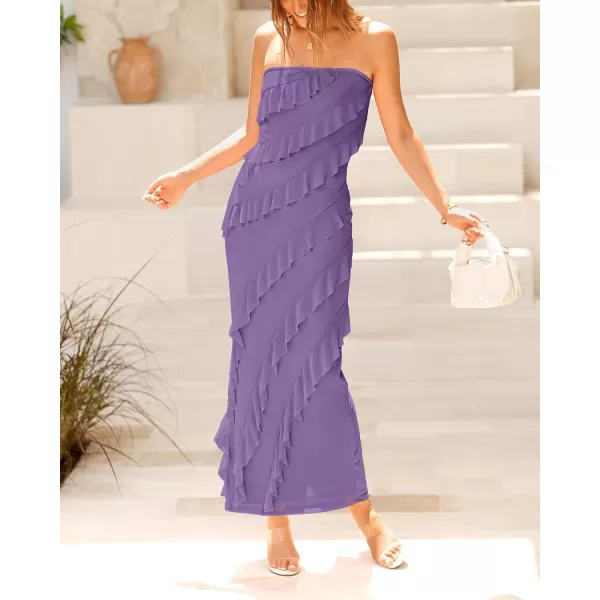 imageBTFBM Women Summer Elegant Strapless Midi Ruched Bodycon Dress Solid Color Stretch Mesh Slim Party Cocktail DressesSolid Grey Purple