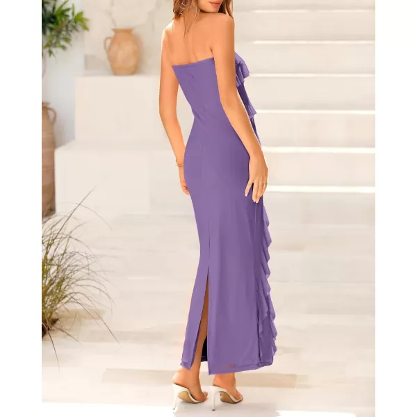 imageBTFBM Women Summer Elegant Strapless Midi Ruched Bodycon Dress Solid Color Stretch Mesh Slim Party Cocktail DressesSolid Grey Purple