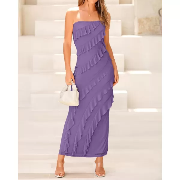imageBTFBM Women Summer Elegant Strapless Midi Ruched Bodycon Dress Solid Color Stretch Mesh Slim Party Cocktail DressesSolid Grey Purple