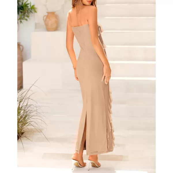 imageBTFBM Women Summer Elegant Strapless Midi Ruched Bodycon Dress Solid Color Stretch Mesh Slim Party Cocktail DressesSolid Khaki