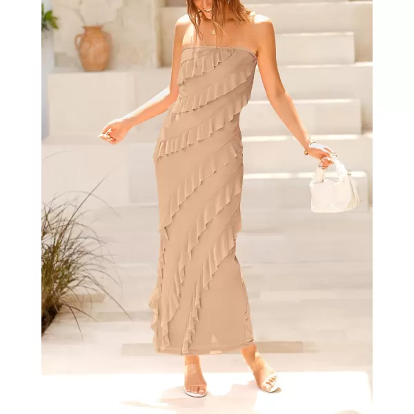 imageBTFBM Women Summer Elegant Strapless Midi Ruched Bodycon Dress Solid Color Stretch Mesh Slim Party Cocktail DressesSolid Khaki