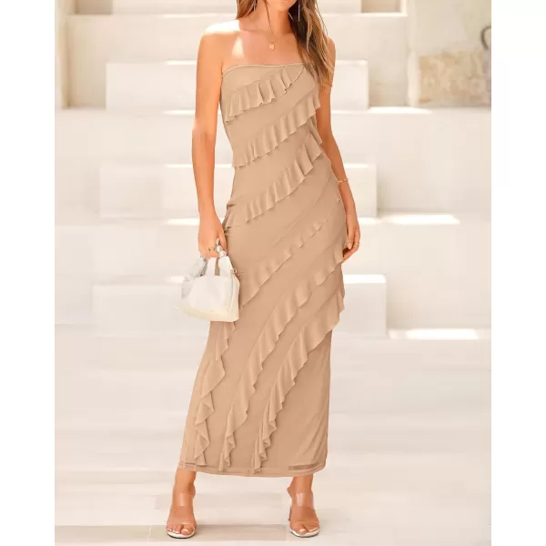 imageBTFBM Women Summer Elegant Strapless Midi Ruched Bodycon Dress Solid Color Stretch Mesh Slim Party Cocktail DressesSolid Khaki