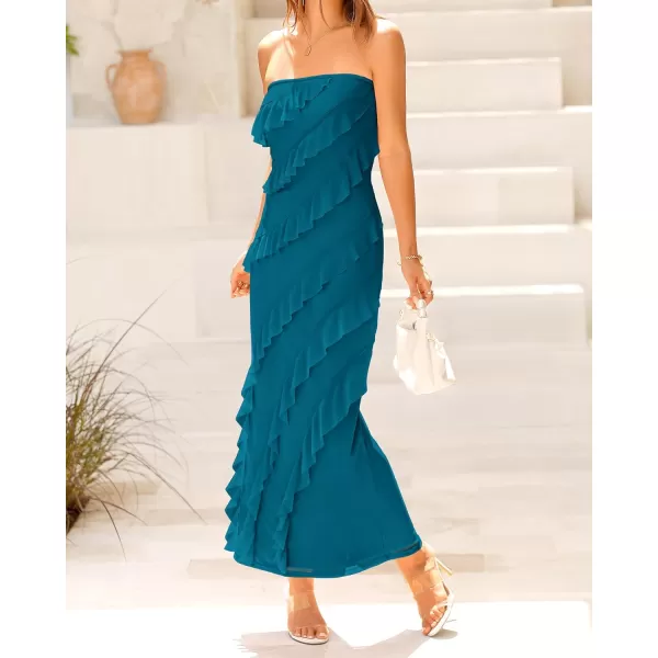 imageBTFBM Women Summer Elegant Strapless Midi Ruched Bodycon Dress Solid Color Stretch Mesh Slim Party Cocktail DressesSolid Lake Blue