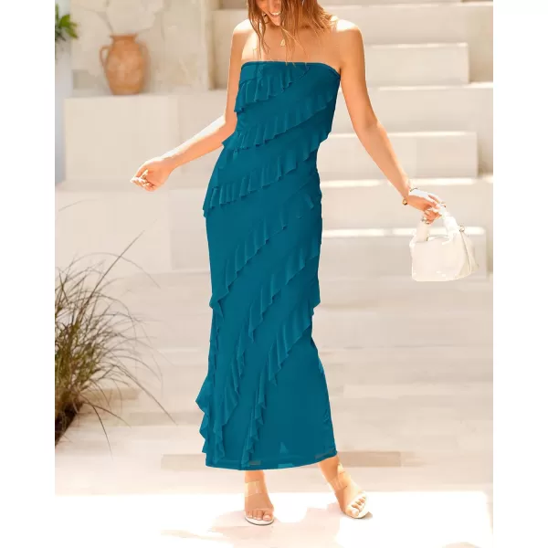 imageBTFBM Women Summer Elegant Strapless Midi Ruched Bodycon Dress Solid Color Stretch Mesh Slim Party Cocktail DressesSolid Lake Blue