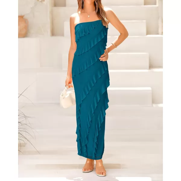 imageBTFBM Women Summer Elegant Strapless Midi Ruched Bodycon Dress Solid Color Stretch Mesh Slim Party Cocktail DressesSolid Lake Blue