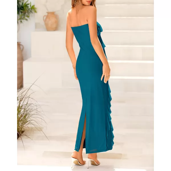 imageBTFBM Women Summer Elegant Strapless Midi Ruched Bodycon Dress Solid Color Stretch Mesh Slim Party Cocktail DressesSolid Lake Blue