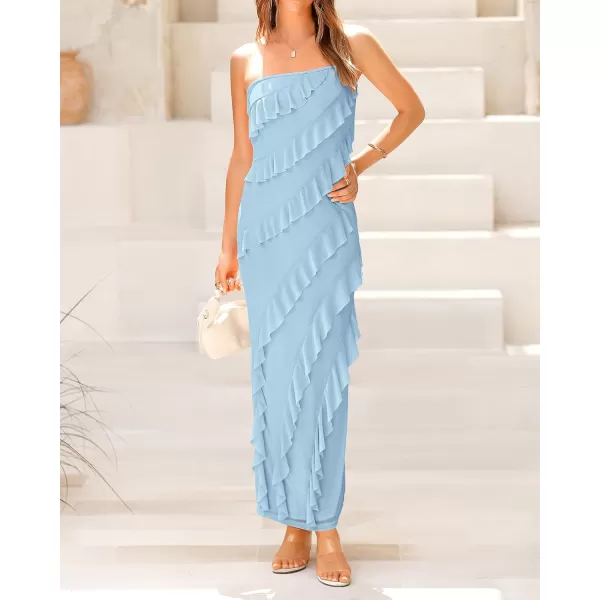 imageBTFBM Women Summer Elegant Strapless Midi Ruched Bodycon Dress Solid Color Stretch Mesh Slim Party Cocktail DressesSolid Light Blue
