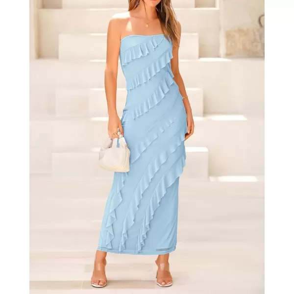 imageBTFBM Women Summer Elegant Strapless Midi Ruched Bodycon Dress Solid Color Stretch Mesh Slim Party Cocktail DressesSolid Light Blue
