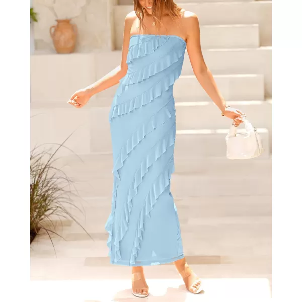 imageBTFBM Women Summer Elegant Strapless Midi Ruched Bodycon Dress Solid Color Stretch Mesh Slim Party Cocktail DressesSolid Light Blue