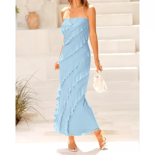 imageBTFBM Women Summer Elegant Strapless Midi Ruched Bodycon Dress Solid Color Stretch Mesh Slim Party Cocktail DressesSolid Light Blue