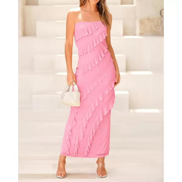 imageBTFBM Women Summer Elegant Strapless Midi Ruched Bodycon Dress Solid Color Stretch Mesh Slim Party Cocktail DressesSolid Light Pink