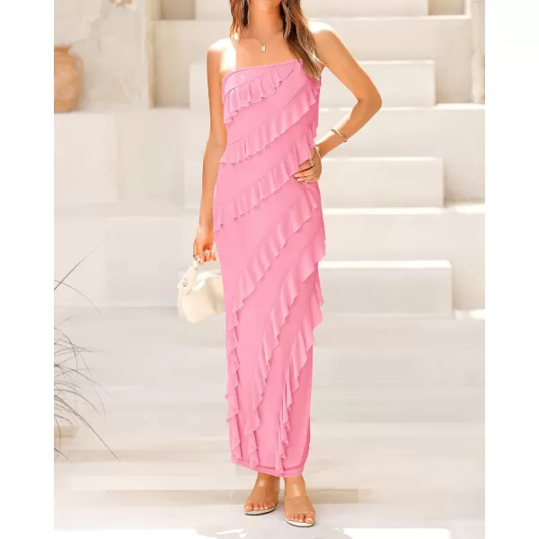 imageBTFBM Women Summer Elegant Strapless Midi Ruched Bodycon Dress Solid Color Stretch Mesh Slim Party Cocktail DressesSolid Light Pink