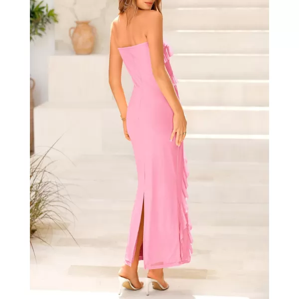 imageBTFBM Women Summer Elegant Strapless Midi Ruched Bodycon Dress Solid Color Stretch Mesh Slim Party Cocktail DressesSolid Light Pink