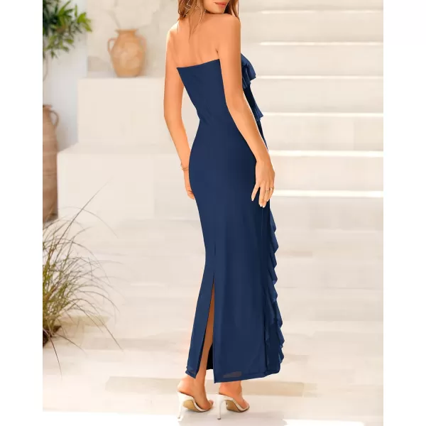 imageBTFBM Women Summer Elegant Strapless Midi Ruched Bodycon Dress Solid Color Stretch Mesh Slim Party Cocktail DressesSolid Navy