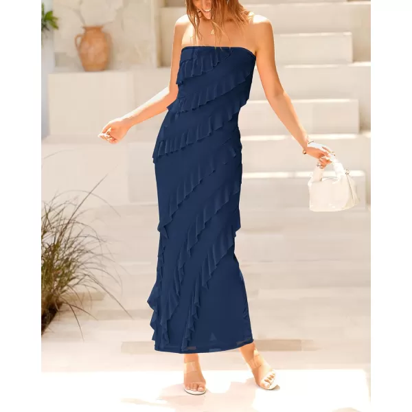 imageBTFBM Women Summer Elegant Strapless Midi Ruched Bodycon Dress Solid Color Stretch Mesh Slim Party Cocktail DressesSolid Navy