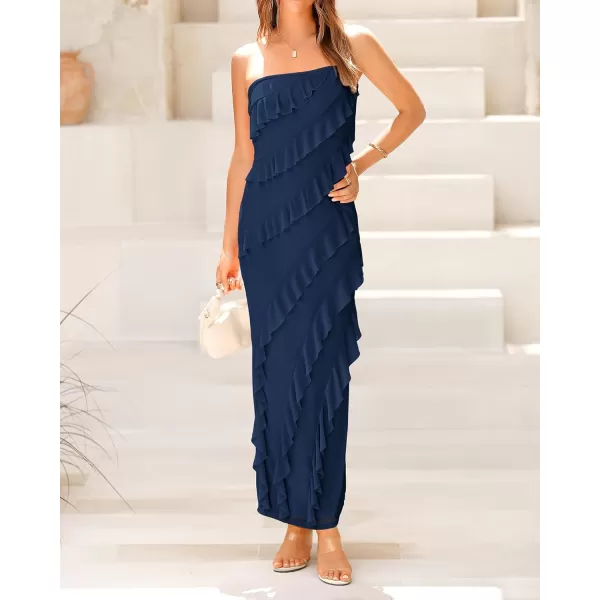 imageBTFBM Women Summer Elegant Strapless Midi Ruched Bodycon Dress Solid Color Stretch Mesh Slim Party Cocktail DressesSolid Navy