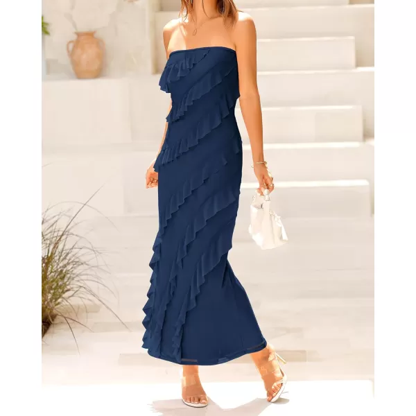 imageBTFBM Women Summer Elegant Strapless Midi Ruched Bodycon Dress Solid Color Stretch Mesh Slim Party Cocktail DressesSolid Navy