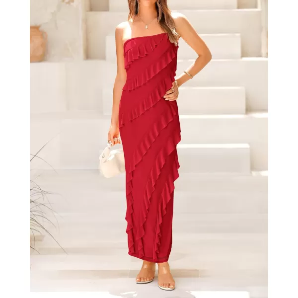 imageBTFBM Women Summer Elegant Strapless Midi Ruched Bodycon Dress Solid Color Stretch Mesh Slim Party Cocktail DressesSolid Red