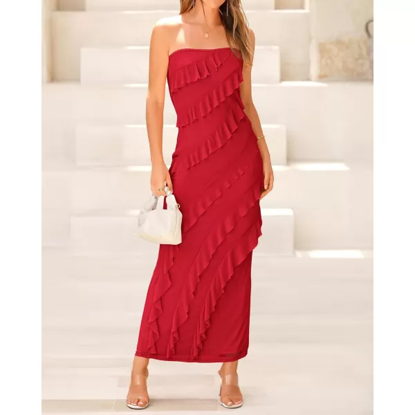 imageBTFBM Women Summer Elegant Strapless Midi Ruched Bodycon Dress Solid Color Stretch Mesh Slim Party Cocktail DressesSolid Red