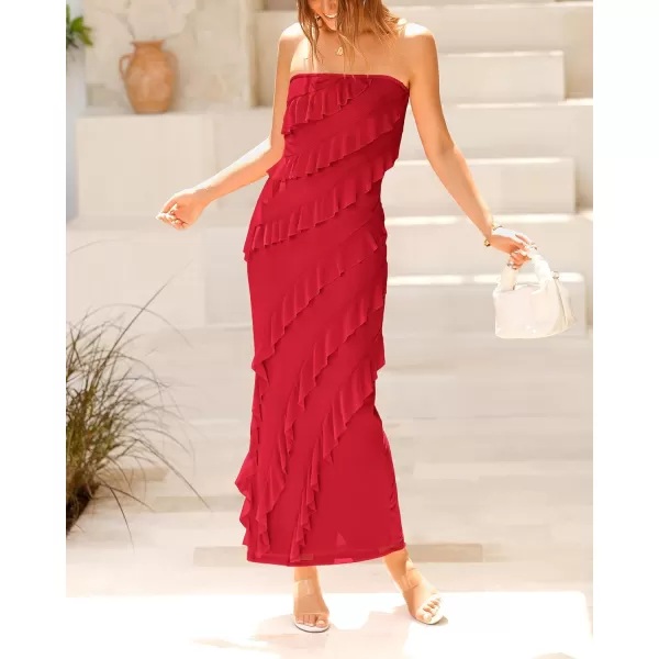 imageBTFBM Women Summer Elegant Strapless Midi Ruched Bodycon Dress Solid Color Stretch Mesh Slim Party Cocktail DressesSolid Red