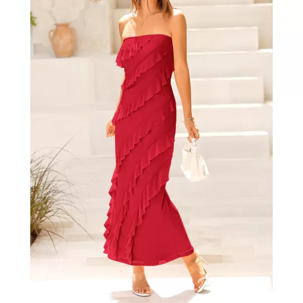 imageBTFBM Women Summer Elegant Strapless Midi Ruched Bodycon Dress Solid Color Stretch Mesh Slim Party Cocktail DressesSolid Red